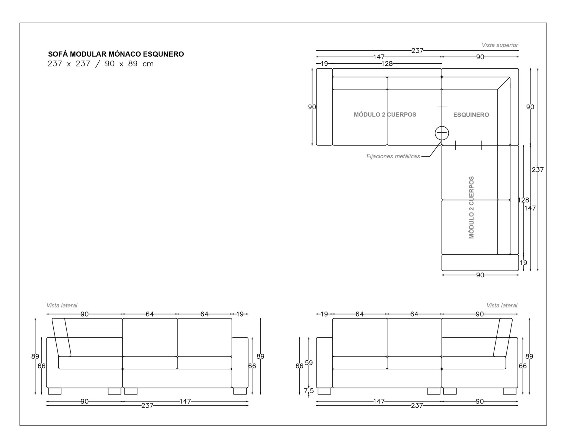sofá modular esquinero 5 cuerpos mónaco yd 230