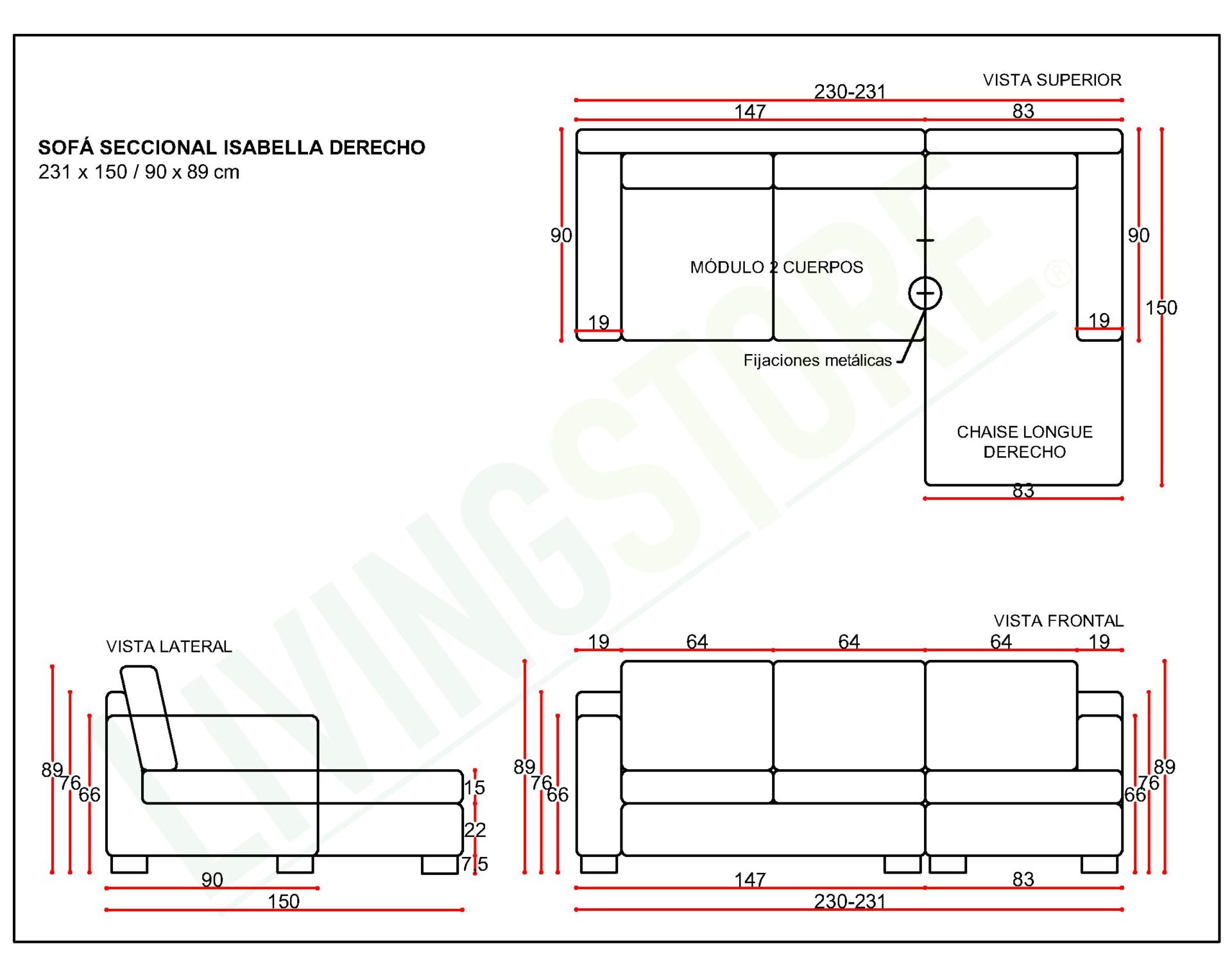 Sofá seccional isabella derecho