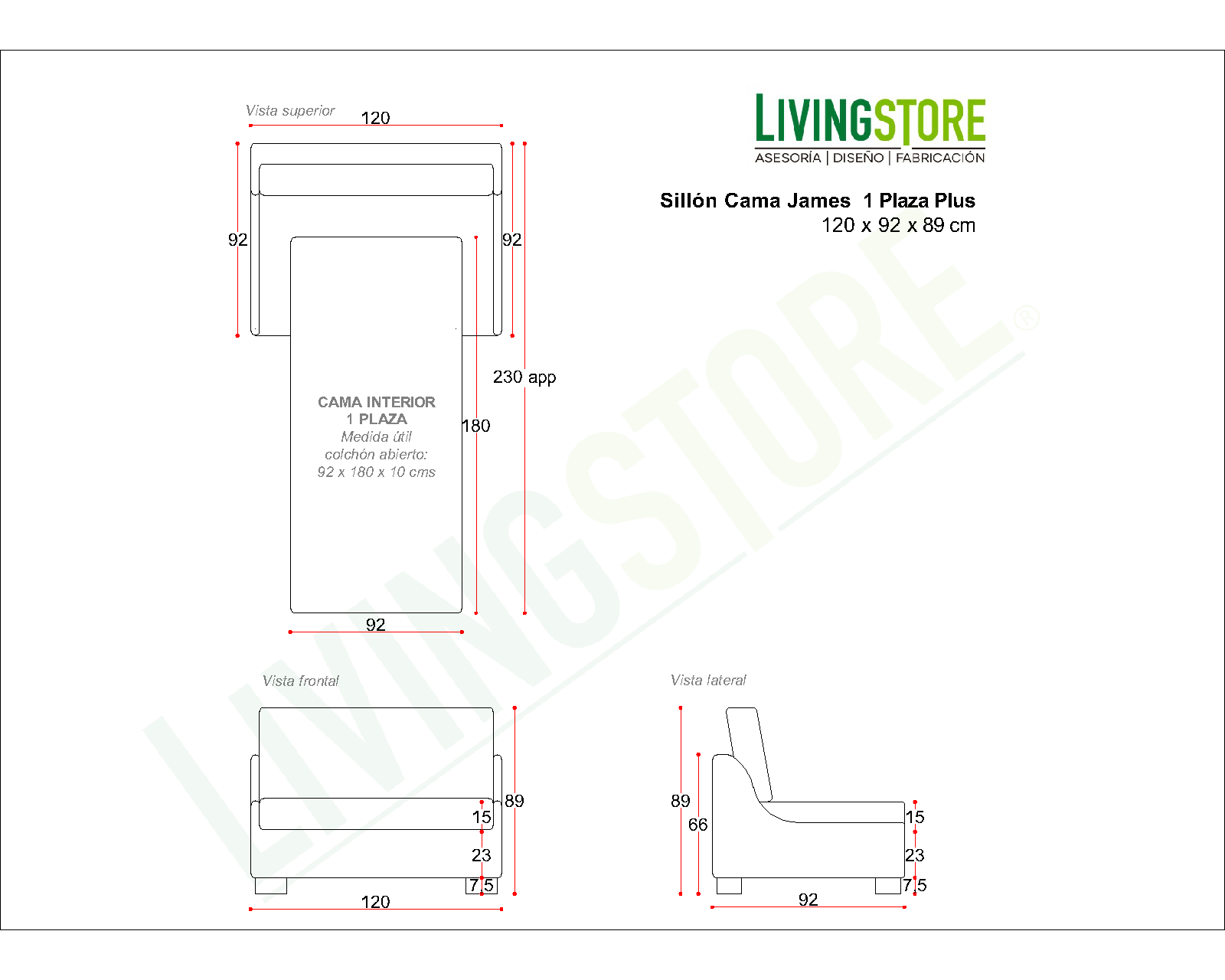 planimetría sillón cama james 1 plaza plus