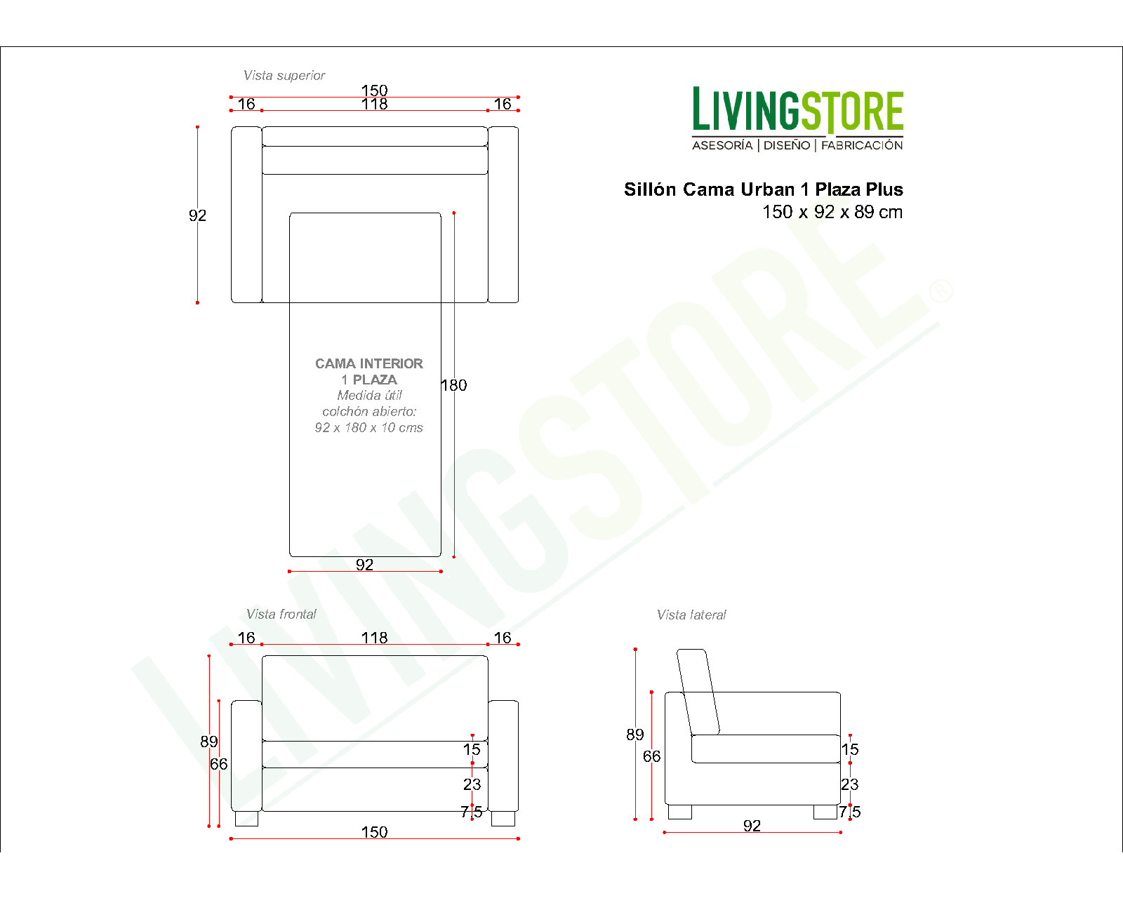 planimetría sofá cama urban 1 plaza plus