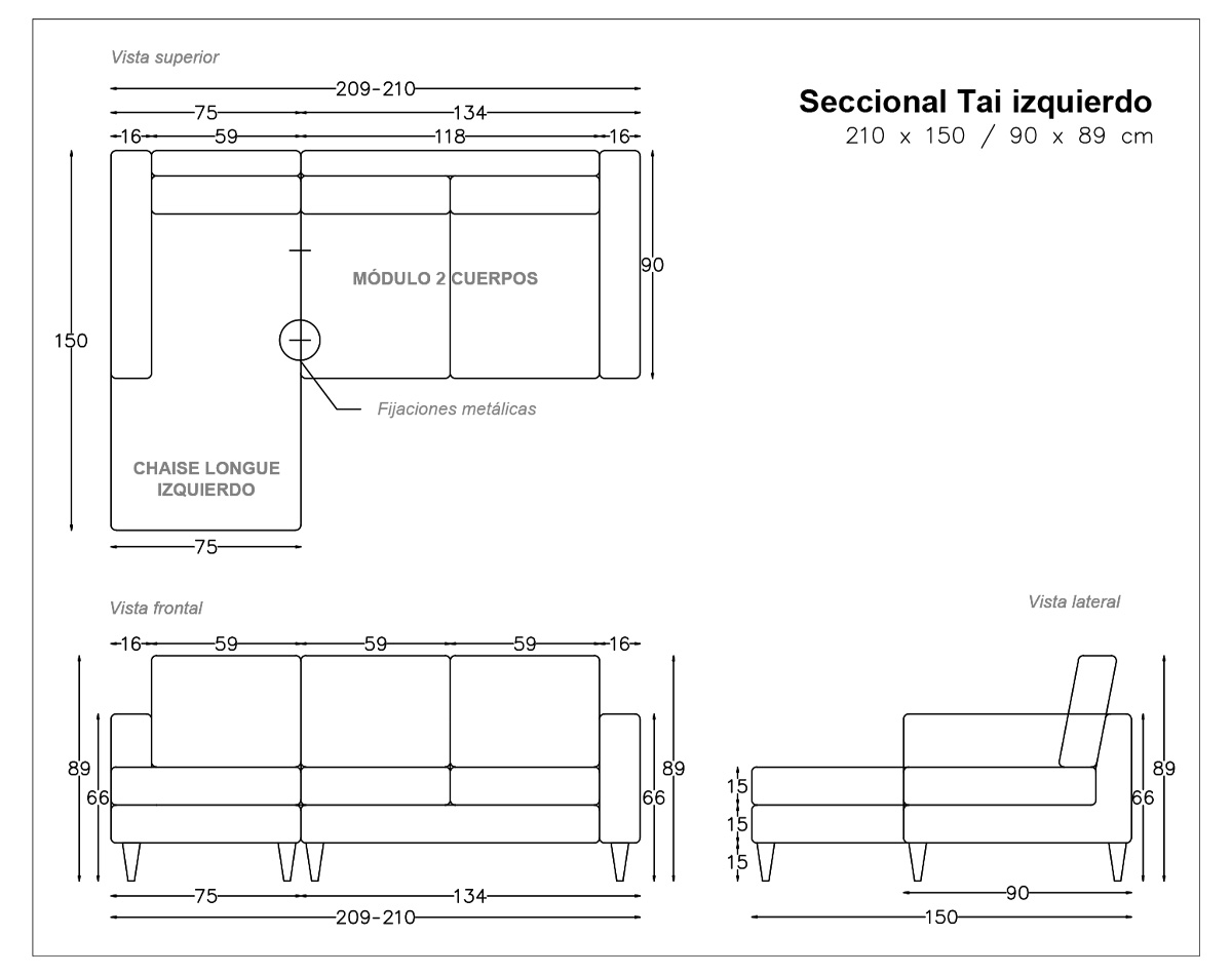 Plano técnico sofá seccional modelo Tai con chaise longue izquierdo